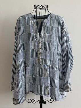 Anthropologie Maeve Navy & White Striped Button-Front Top